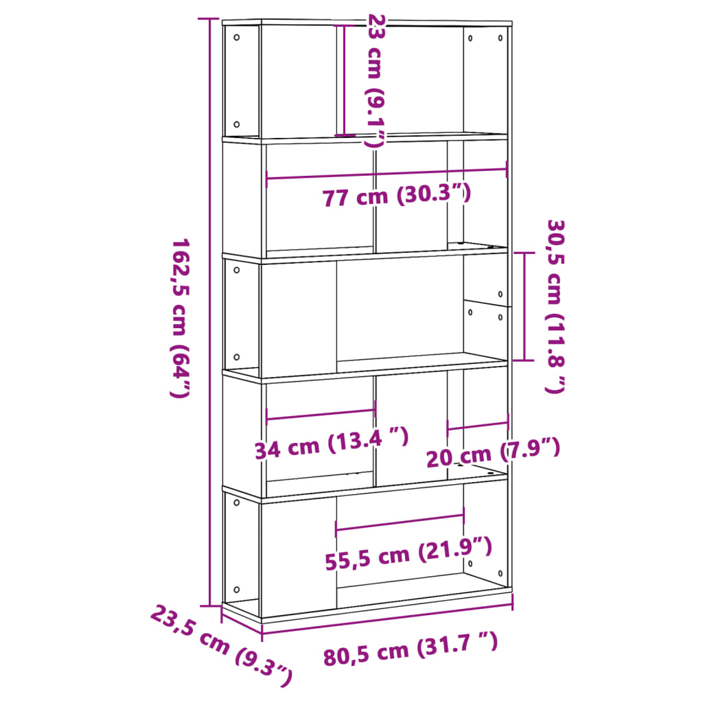 Bokhylle 5 etasjer betonggrå 80,5x23,5x162,5 cm konstruert tre