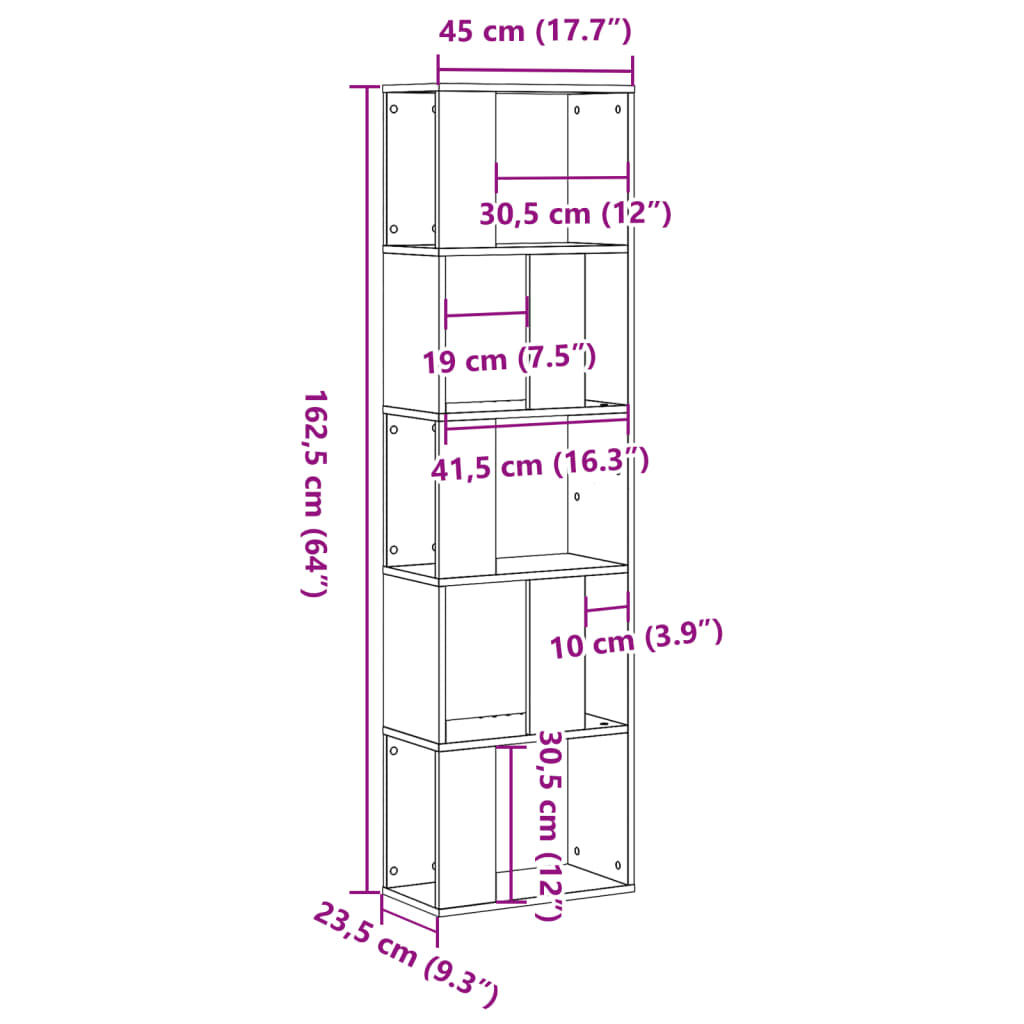 Bokhylle 5 etasjer betonggrå 45x23,5x162,5 cm konstruert tre