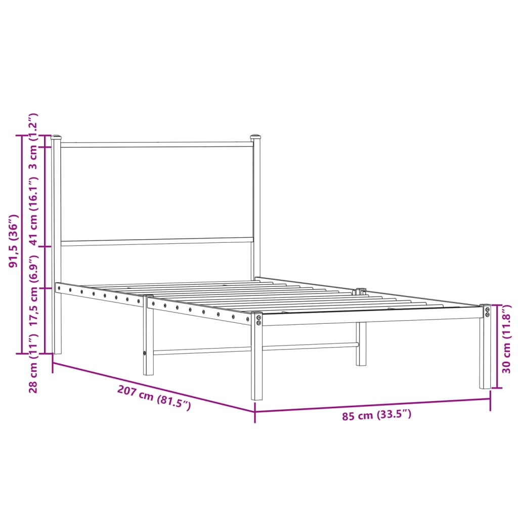 Sengeramme i metall uten madrass røkt eik 80x200 cm