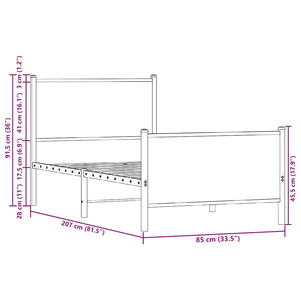 Sengeramme i metall uten madrass brun eik 80x200 cm