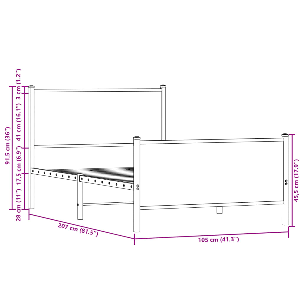 Sengeramme i metall uten madrass brun eik 100x200 cm