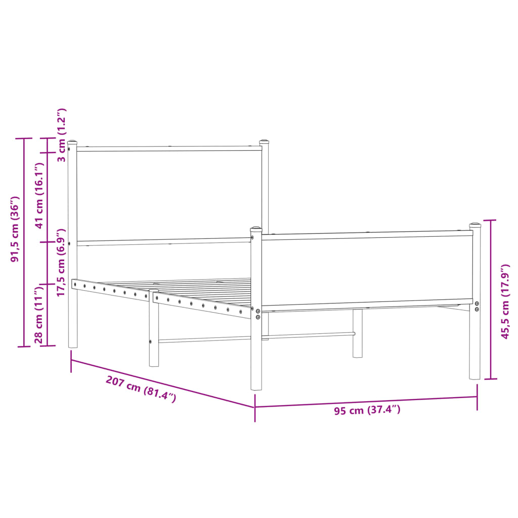 Sengeramme i metall uten madrass sonoma eik 90x200 cm