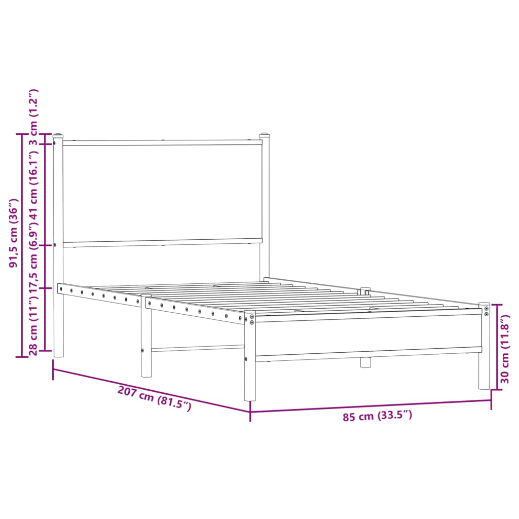 Sengeramme i metall uten madrass brun eik 80x200 cm