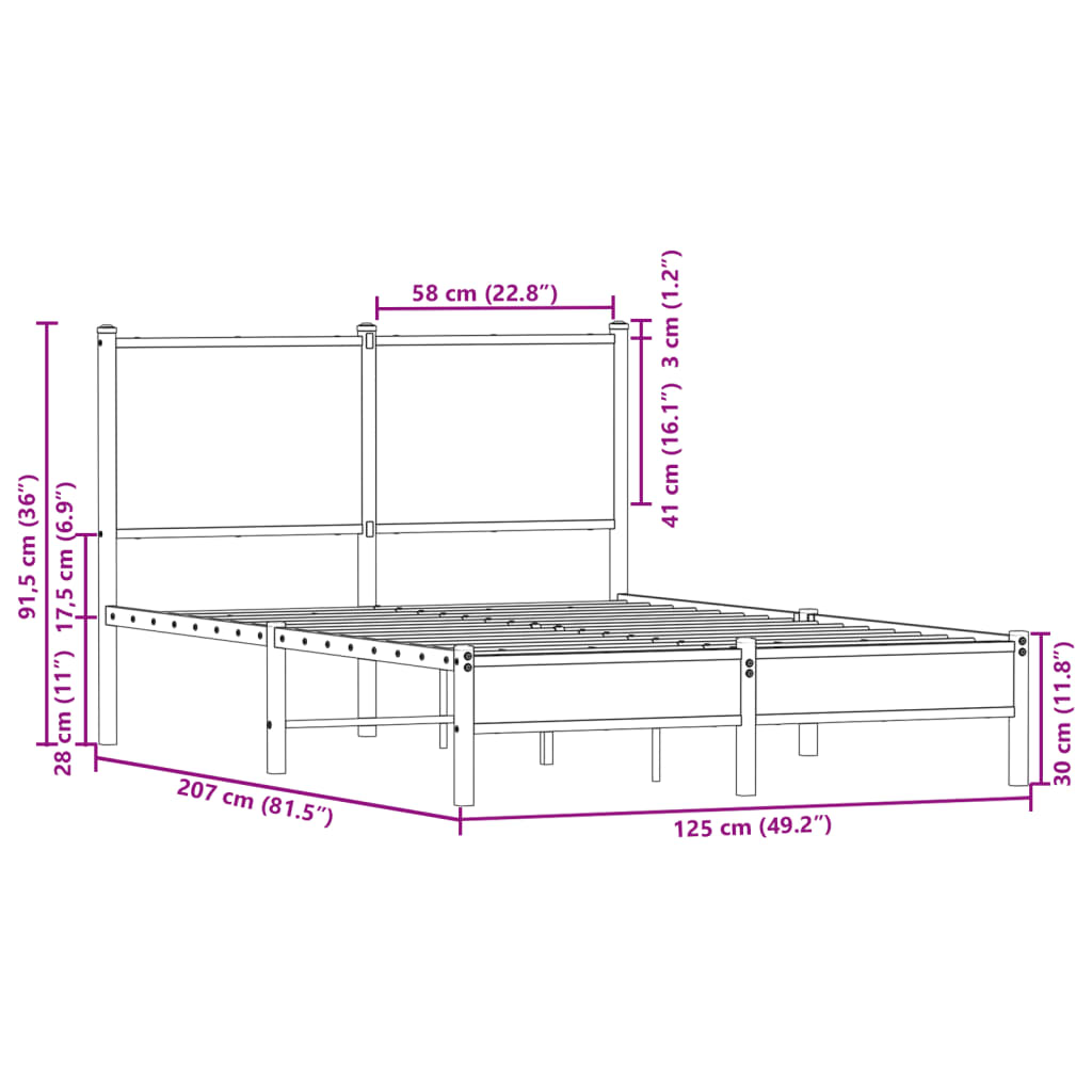 Sengeramme i metall uten madrass brun eik 120x200 cm