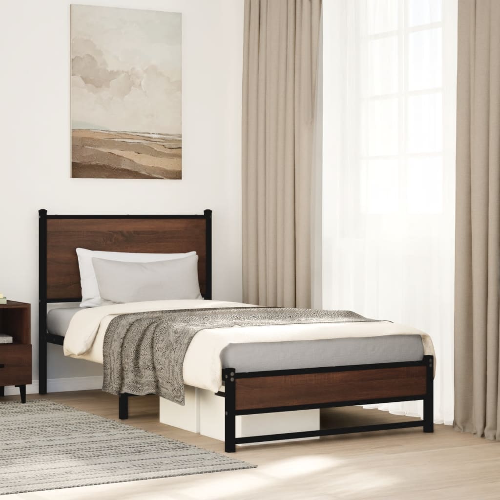 Sengeramme i metall uten madrass brun eik 90x190 cm
