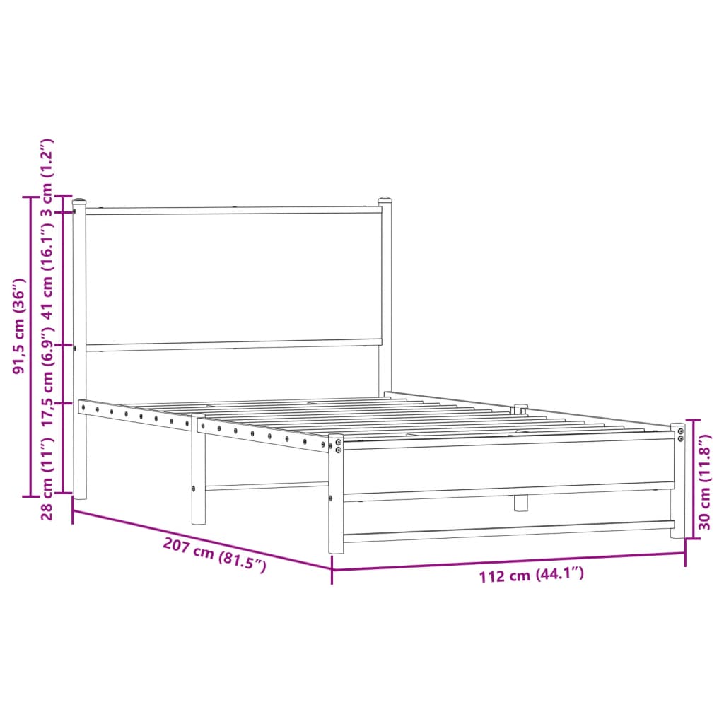 Sengeramme i metall uten madrass brun eik 107x203 cm