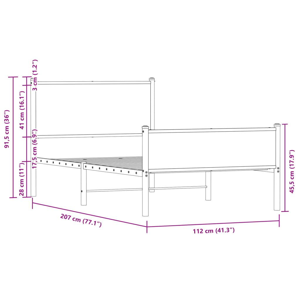 Sengeramme i metall uten madrass brun eik 107x203 cm