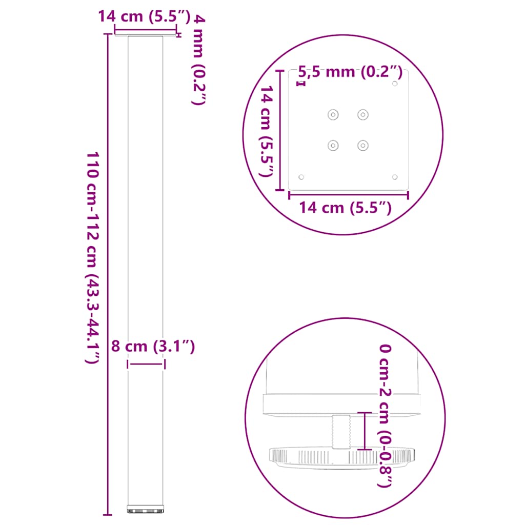 Barbordben 4 stk naturstål 110–112 cm stål