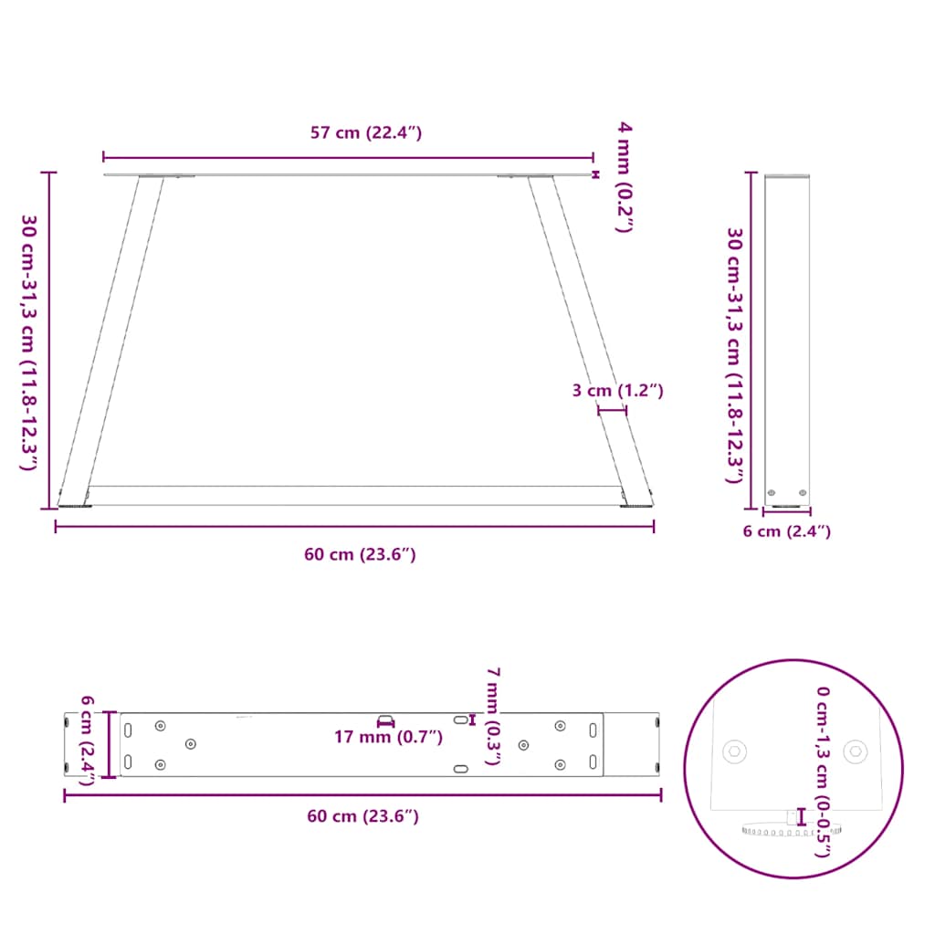 Salongbordben V-formet 2 stk hvit 60 x (30-31,3) cm stål
