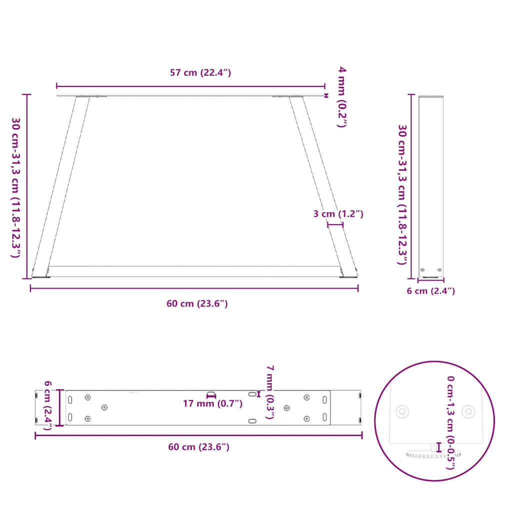 Salongbordben V-formet 2 stk naturstål 60 x (30-31,3) cm stål