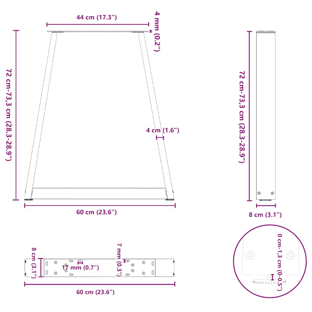 Spisebordben V-formet 2 stk hvit 60 x (72-73,3) cm stål vidaXL