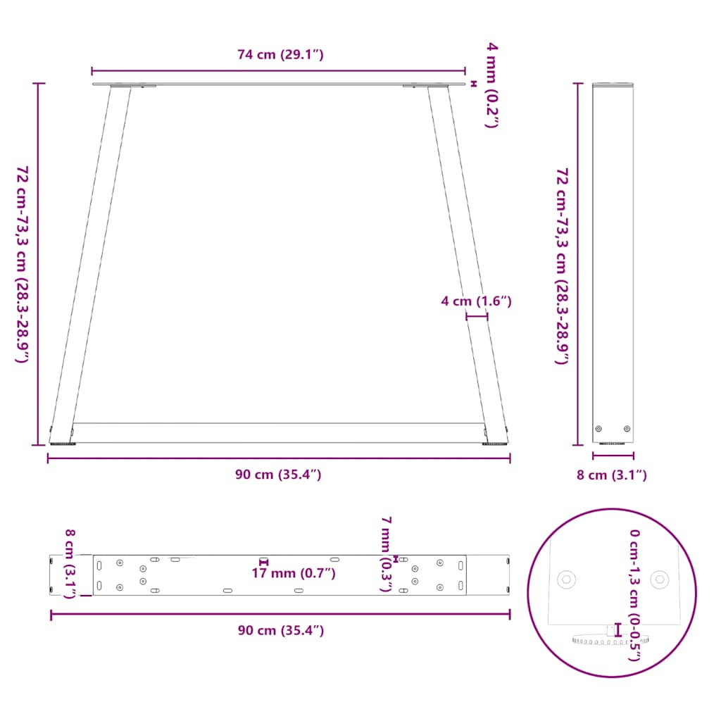 Spisebordben V-formet 2 stk naturstål 90 x (72-73,3) cm stål