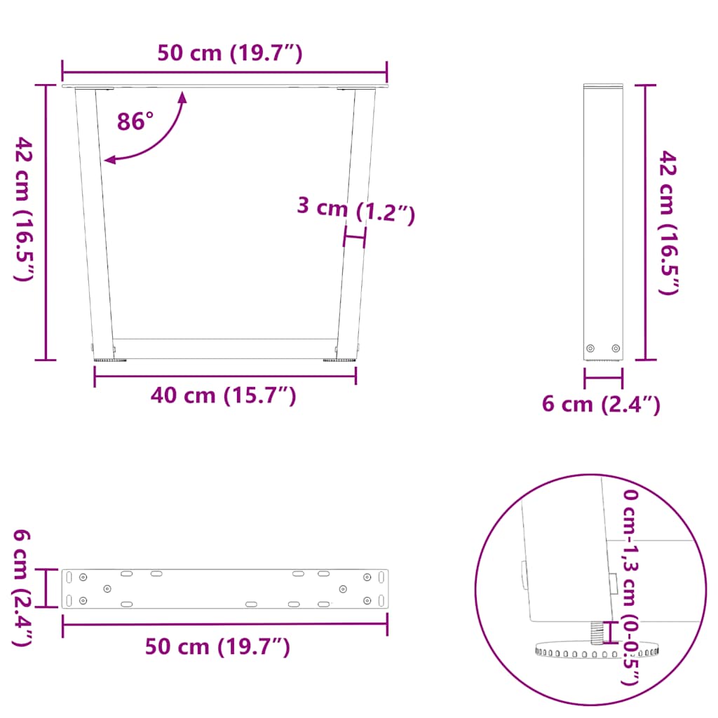 Salongbordben V-formet 2 stk svart 50x(42-43,3) cm stål