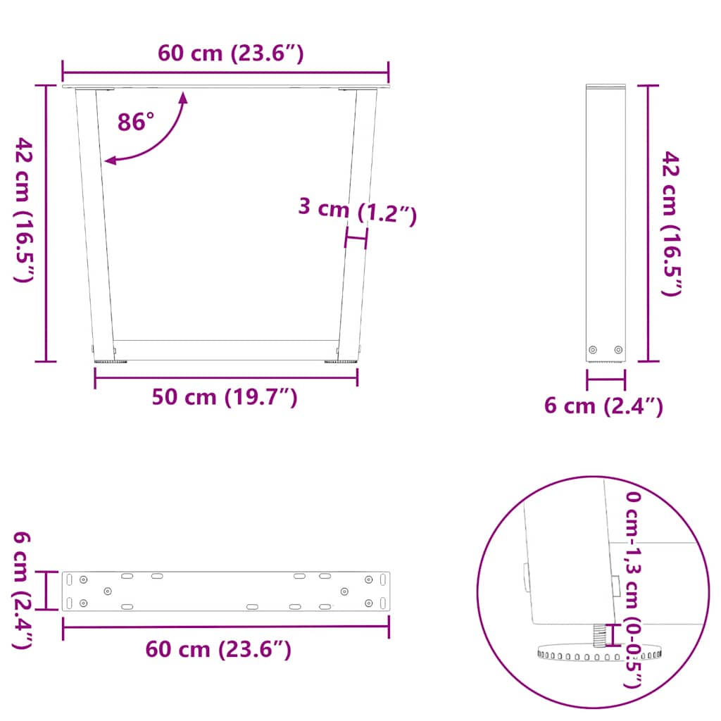 Salongbordben V-formet 2 stk hvit 60 x (42-43,3) cm stål