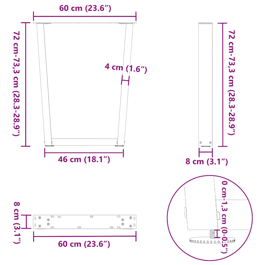 Spisebordben V-formet 2 stk hvit 60 x (72-73,3) cm stål vidaXL