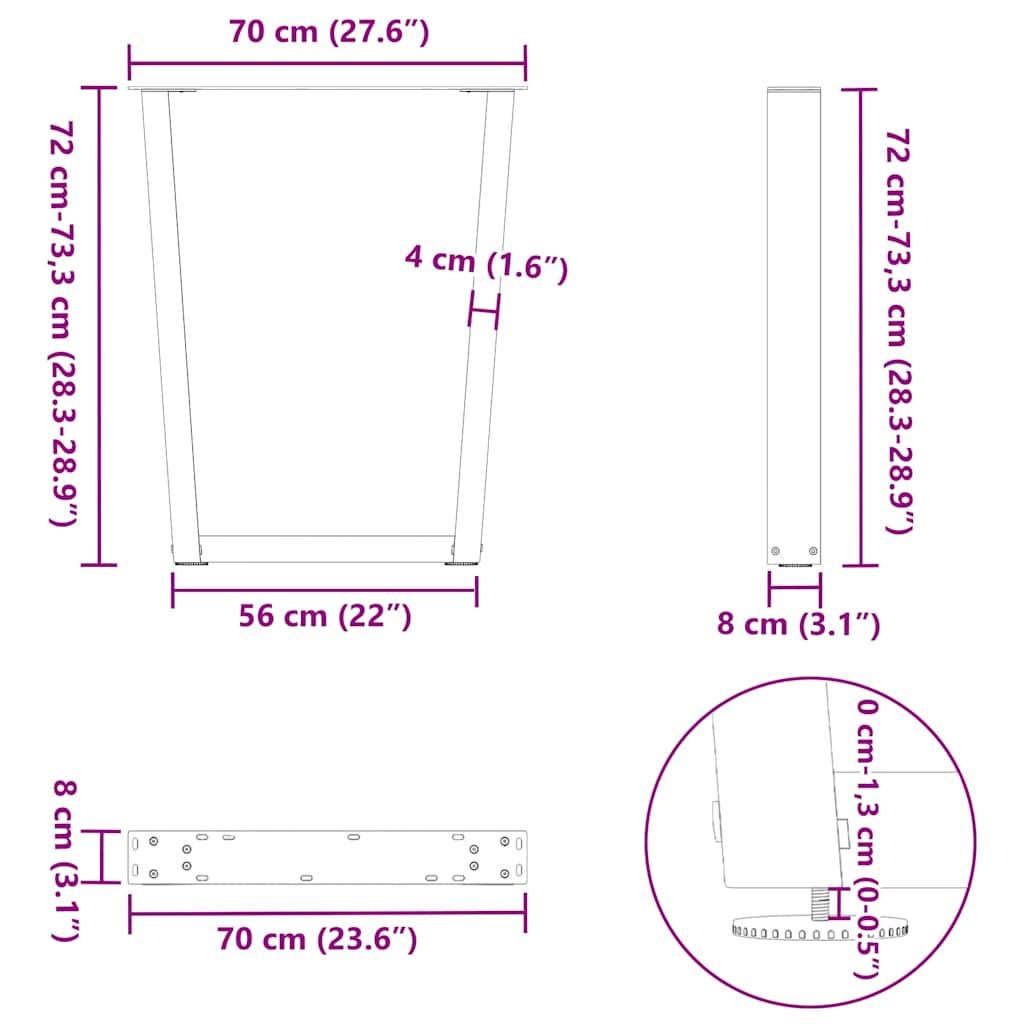 Spisebordben V-formet 3 stk antrasitt 70 x (72-73,3) cm stål