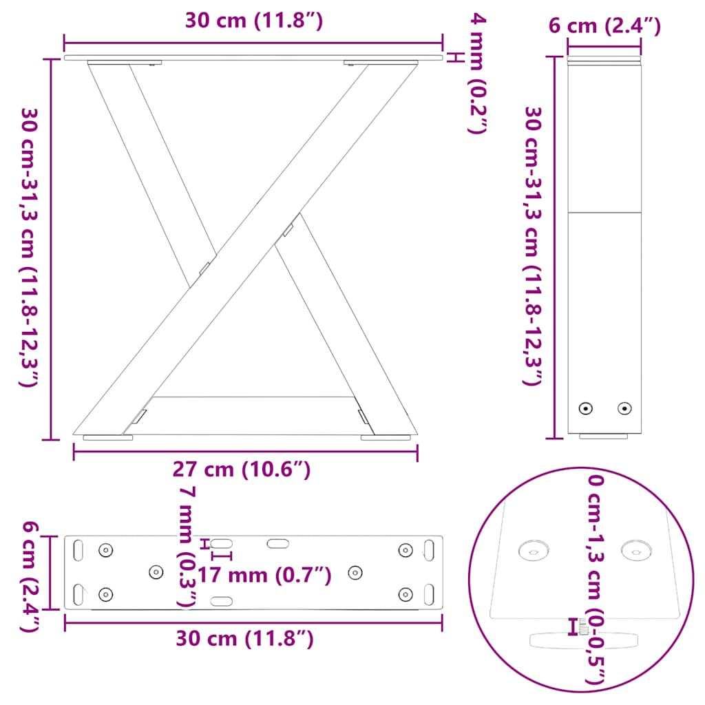 Salongbordben 2 stk hvite 30x(30-31,3) cm stål