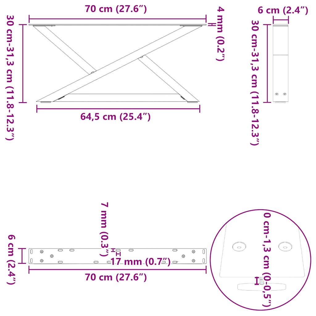 Salongbordben 2 stk naturstål 70 x (30-31,3) cm stål