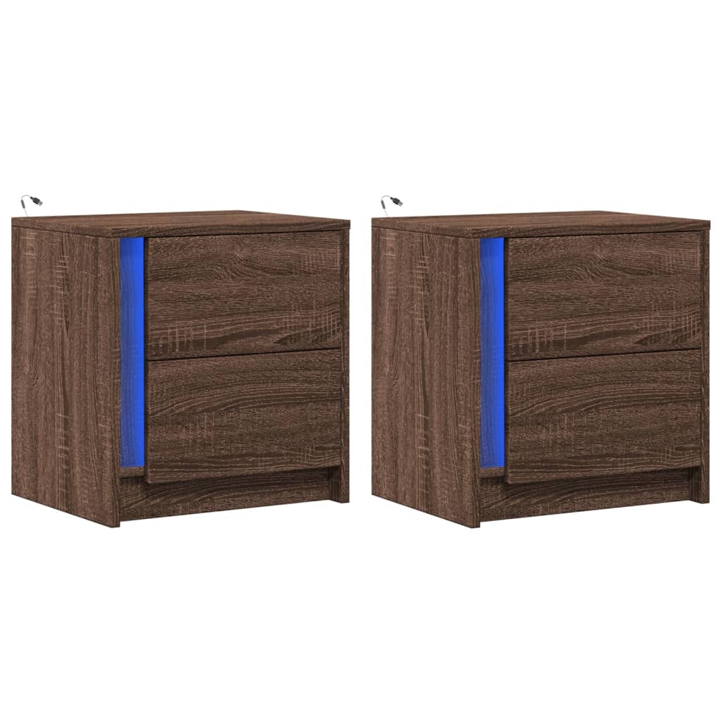 Nattbord med LED 2 stk brun eik konstruert tre