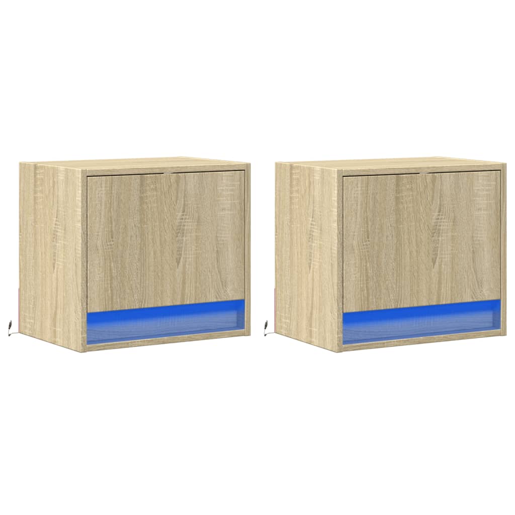 Vegghengte nattbord med LED-lys 2 stk sonoma eik