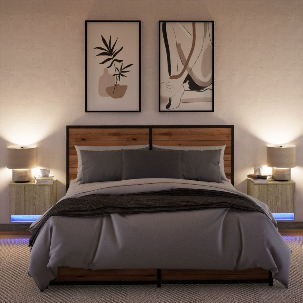 Vegghengte nattbord med LED-lys 2 stk sonoma eik