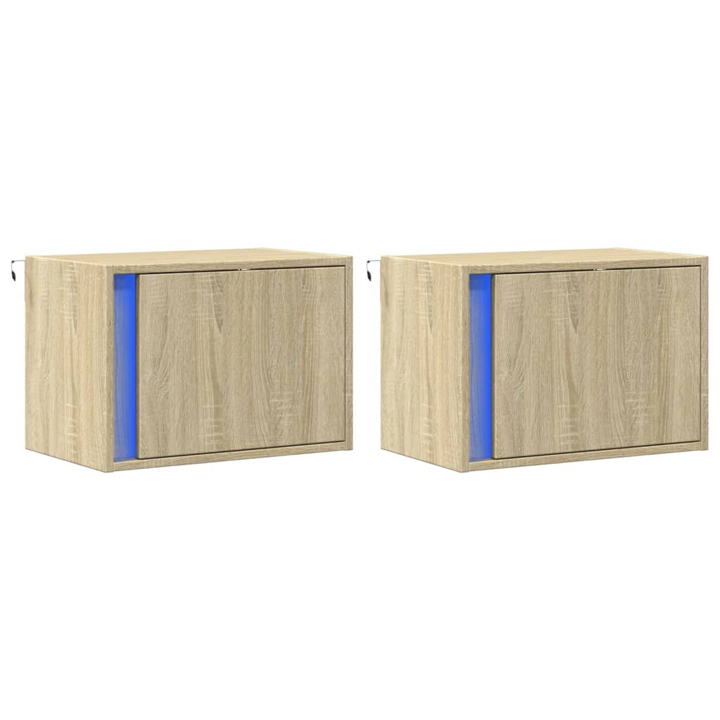 Vegghengte nattbord med LED-lys 2 stk sonoma eik