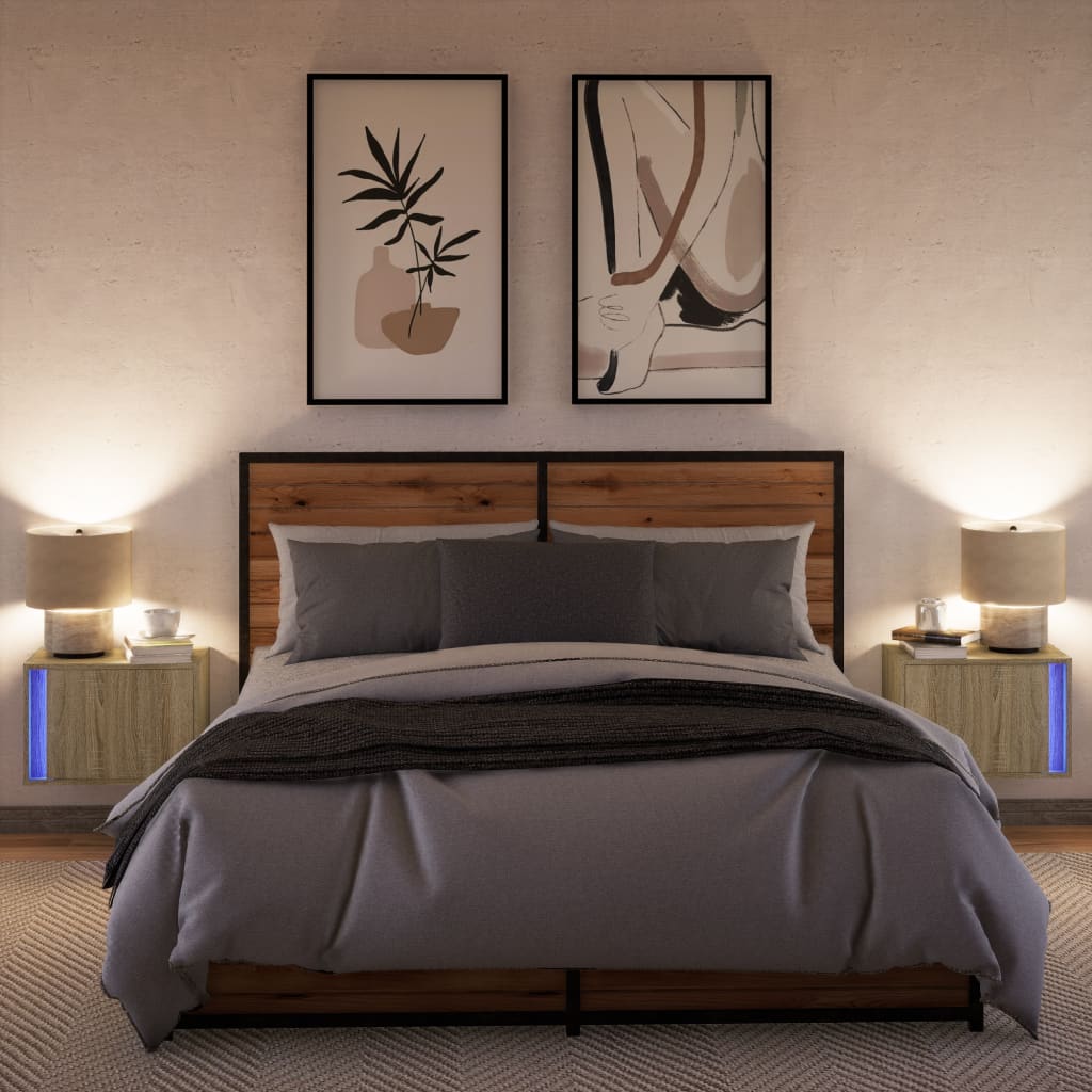 Vegghengte nattbord med LED-lys 2 stk sonoma eik