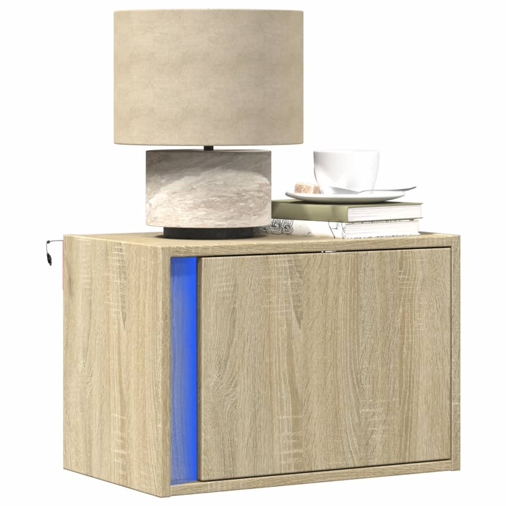 Vegghengte nattbord med LED-lys 2 stk sonoma eik