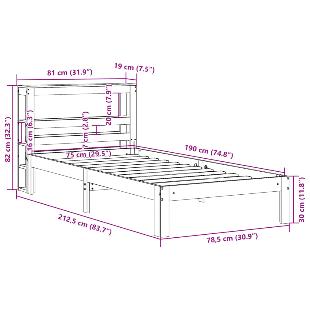 Sengeramme med hodegavl hvit 75x190 cm heltre furu