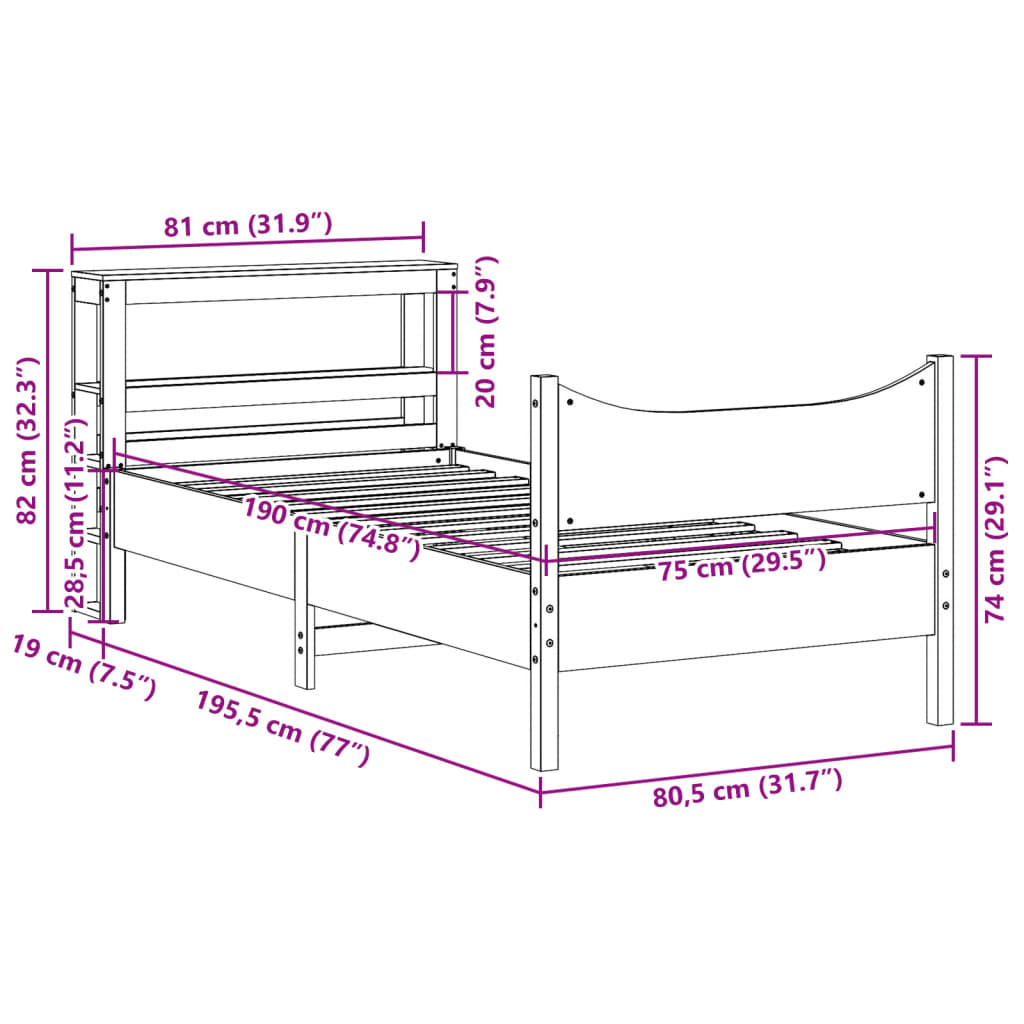 Sengeramme med hodegavl voksbrun 75x190 cm heltre furu