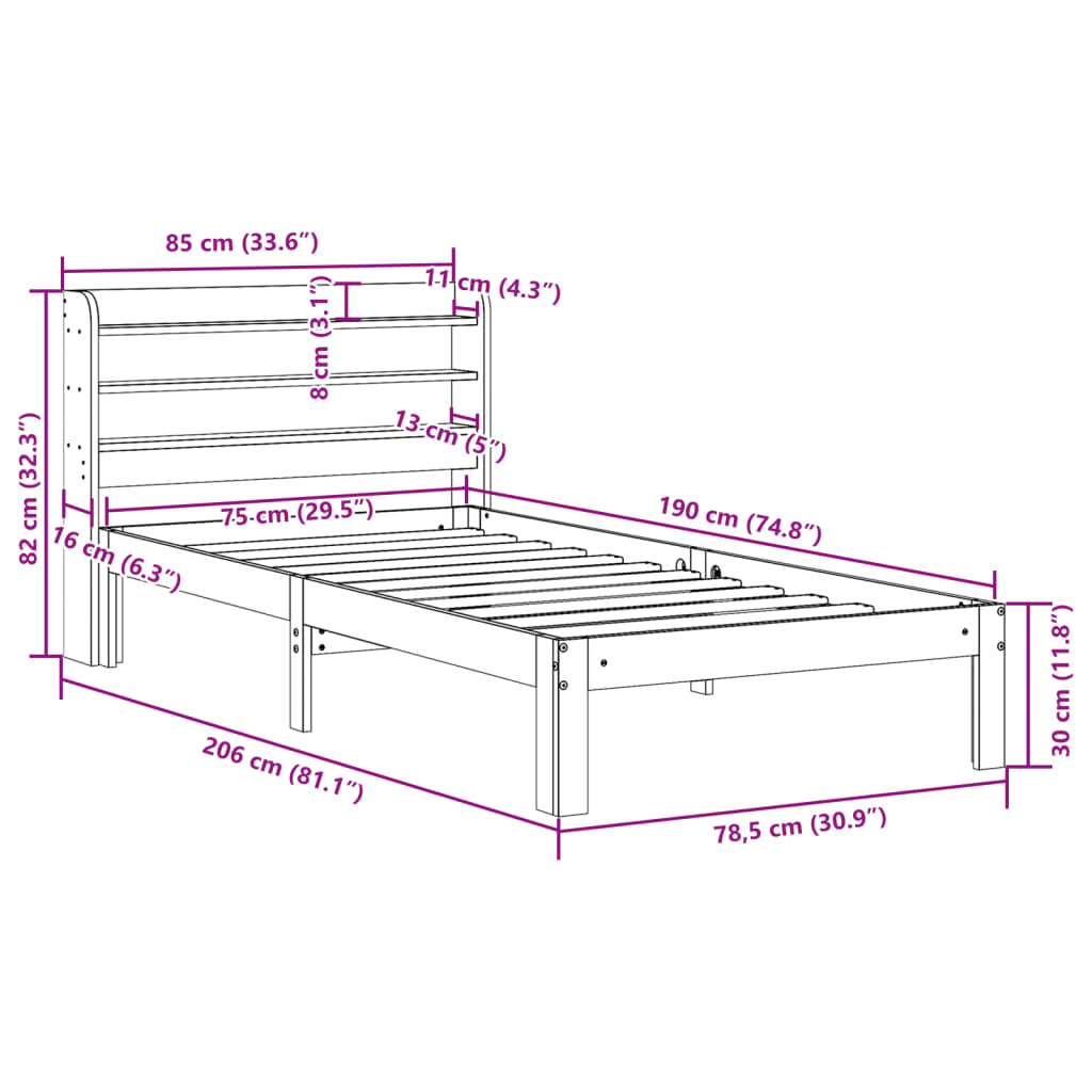 Sengeramme med hodegavl hvit 75x190 cm heltre furu