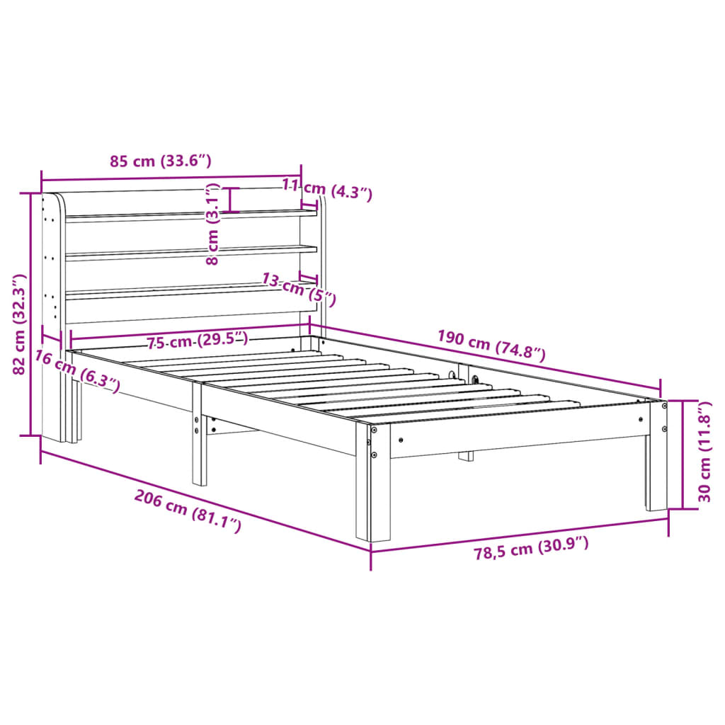 Sengeramme uten madrass voksbrun 75x190 cm heltre furu
