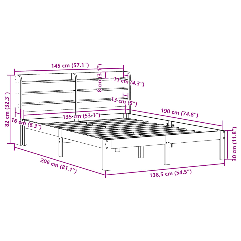 Sengeramme uten madrass brun 135x190 cm heltre furu