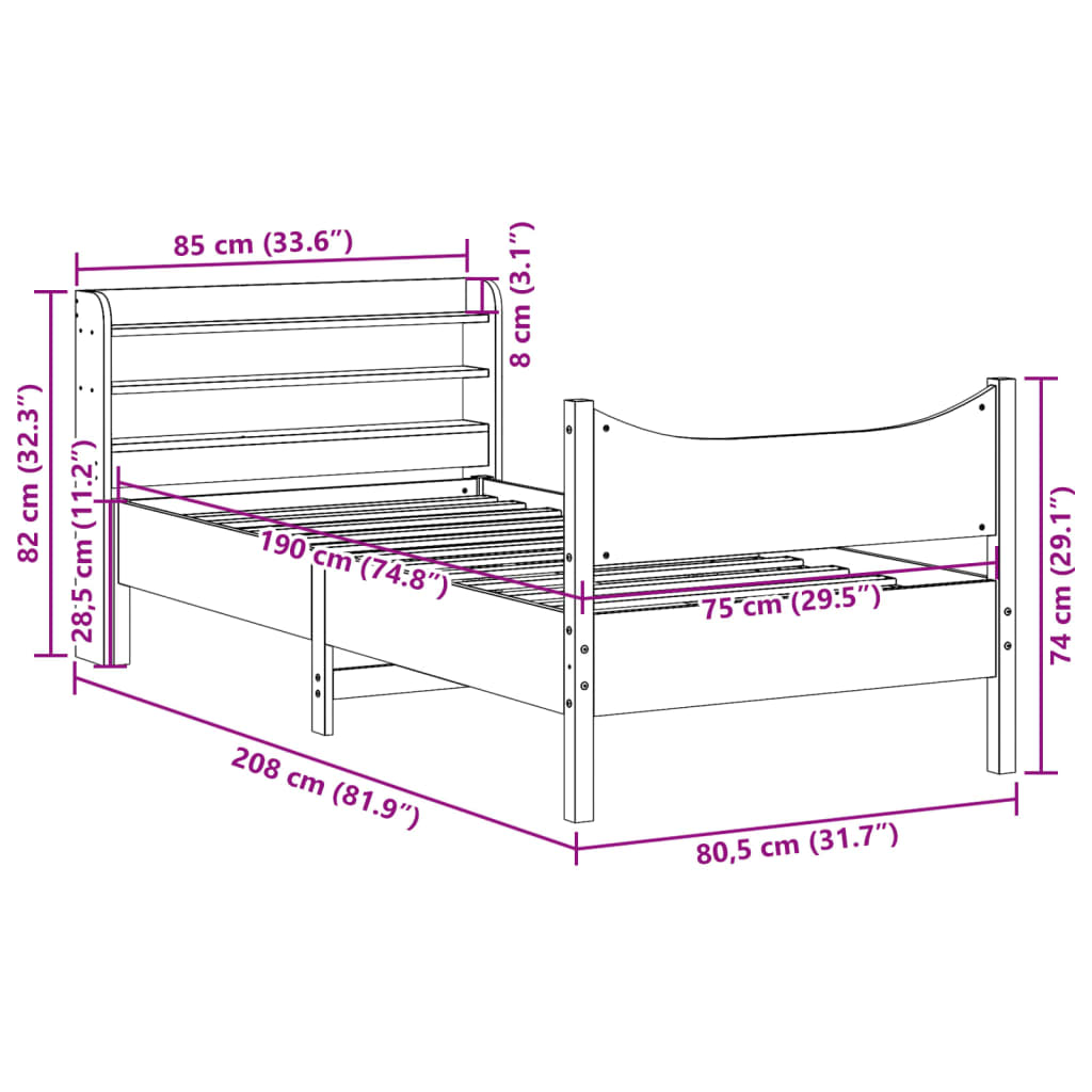 Sengeramme med hodegavl voksbrun 75x190 cm heltre furu