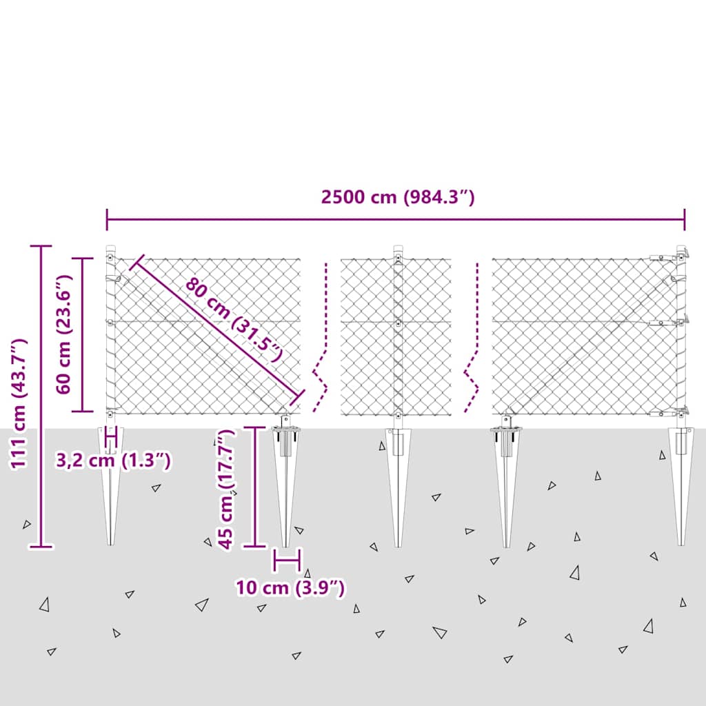 Kjedefence med topper 25 x 0,6 m Galvanisert stål Sølv Mesh