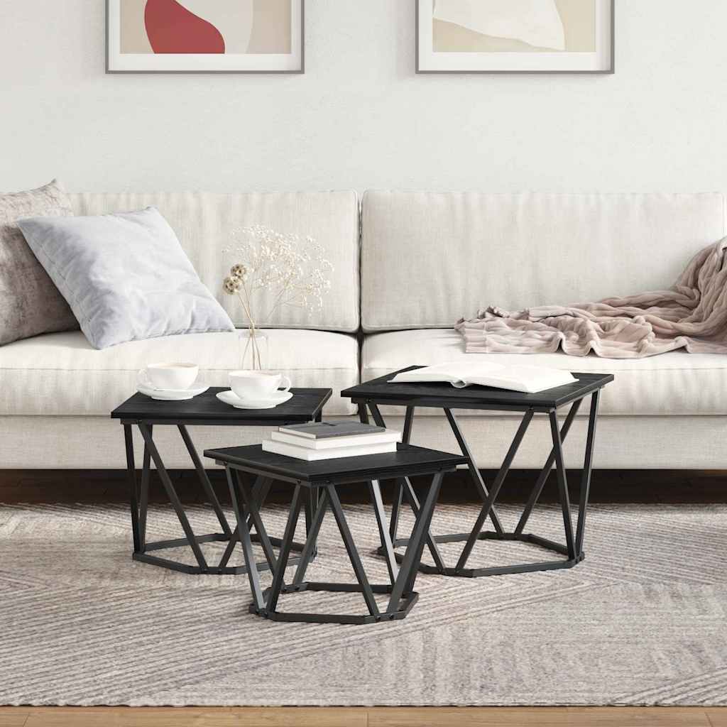 Kaffebord 3 pcs Svart Eik Konstruksjonsvirke og stål