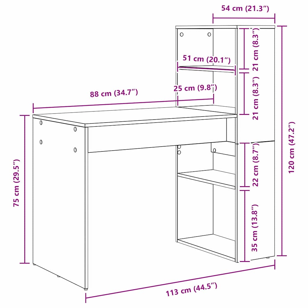 Skrivebord med hylle Svart Eik 113 x 54 x 120 cm Konstruert tre