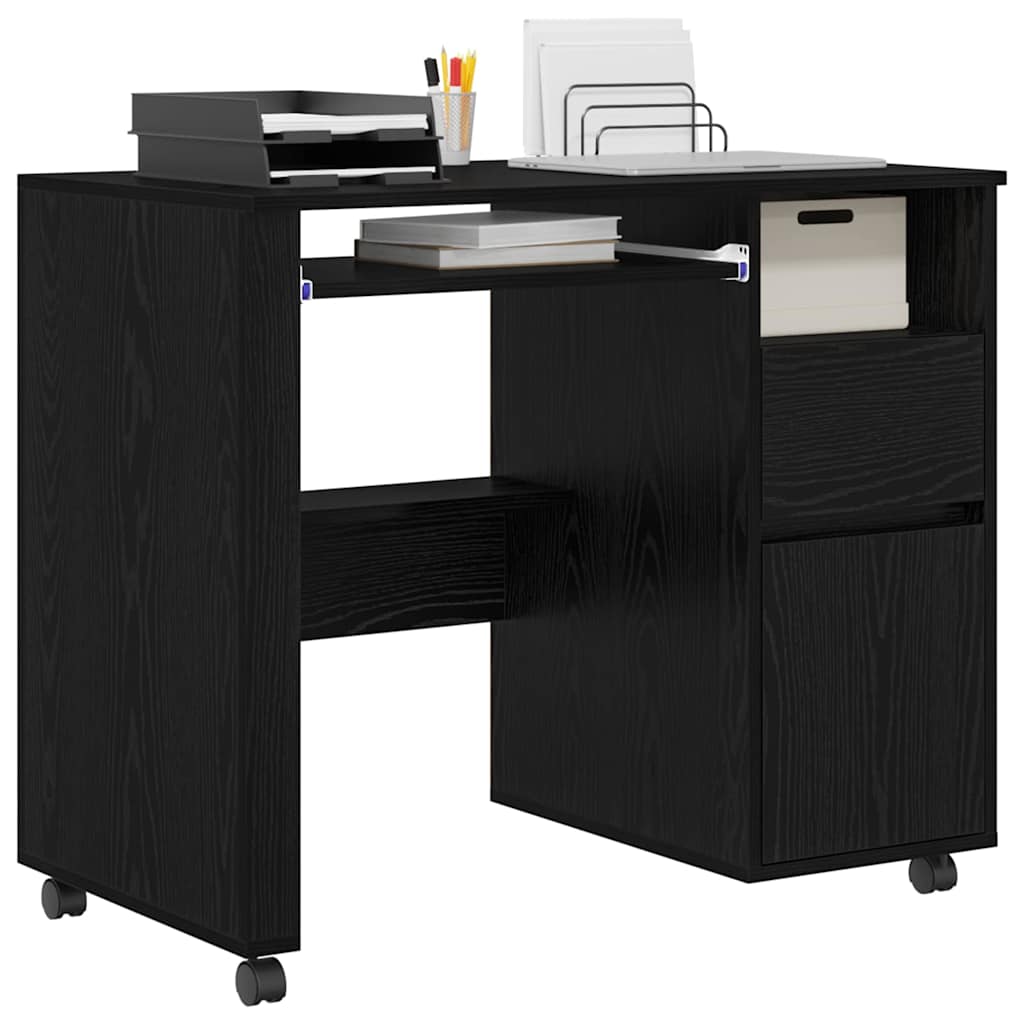 Skrivebord med hjul Svart Eik 91 x 50 x 77 cm Konstruert tre
