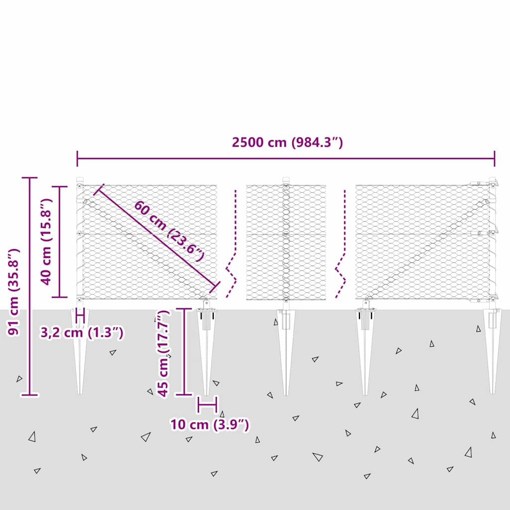 Sekskantet gjerde med post 25 x 0,4 m PVC-belagt stål Grå Mesh
