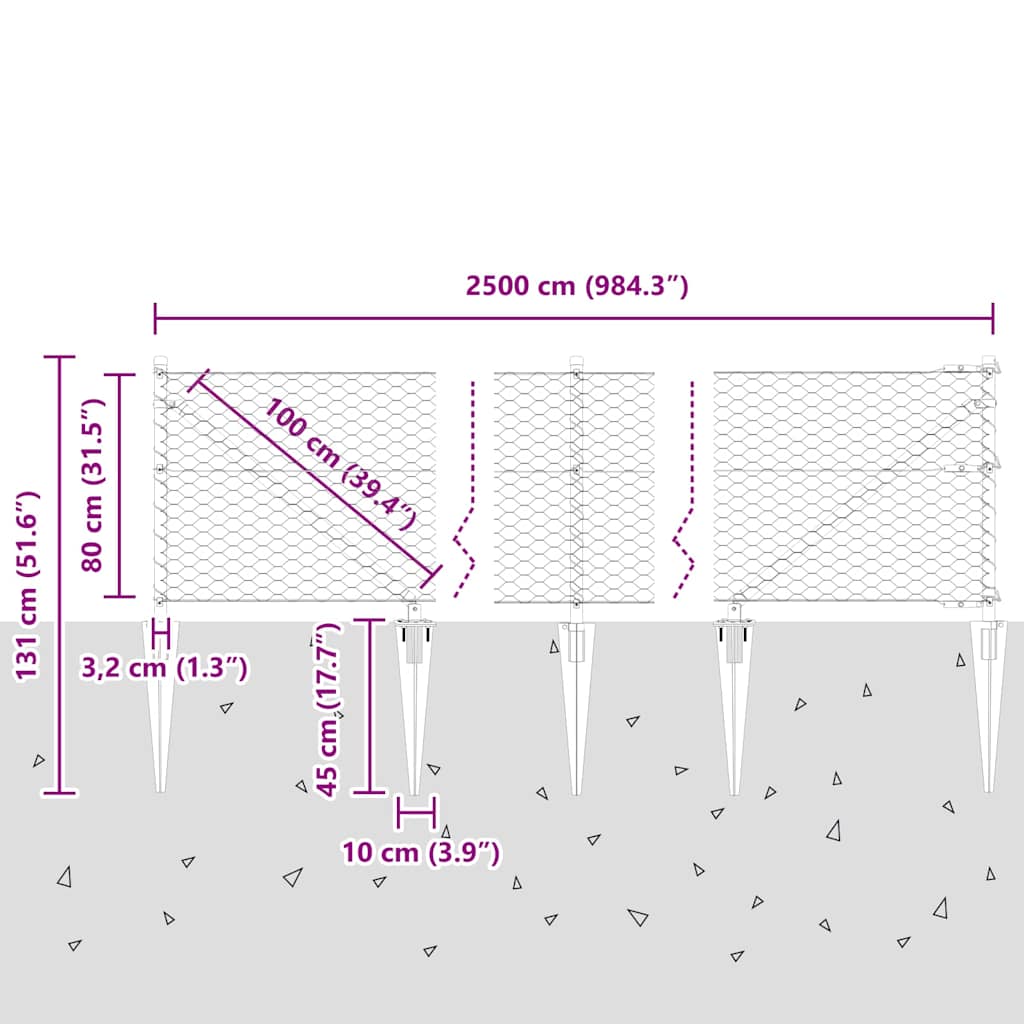 Svweiende trådgjerde med spisser 25 x 0,8 m (B x H)
