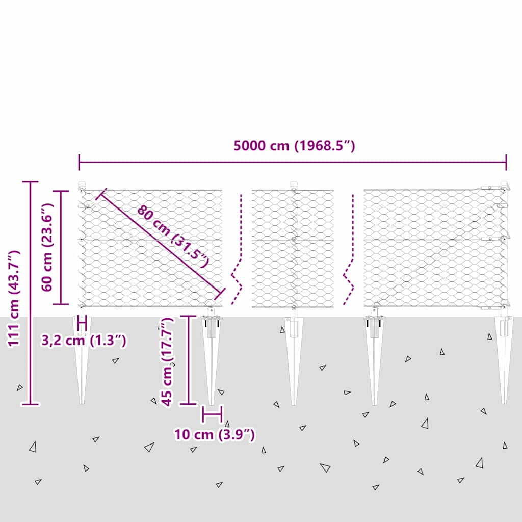 Sekskantet gjerde med post 50 x 0,6 m PVC-belagt stål Grå Mesh