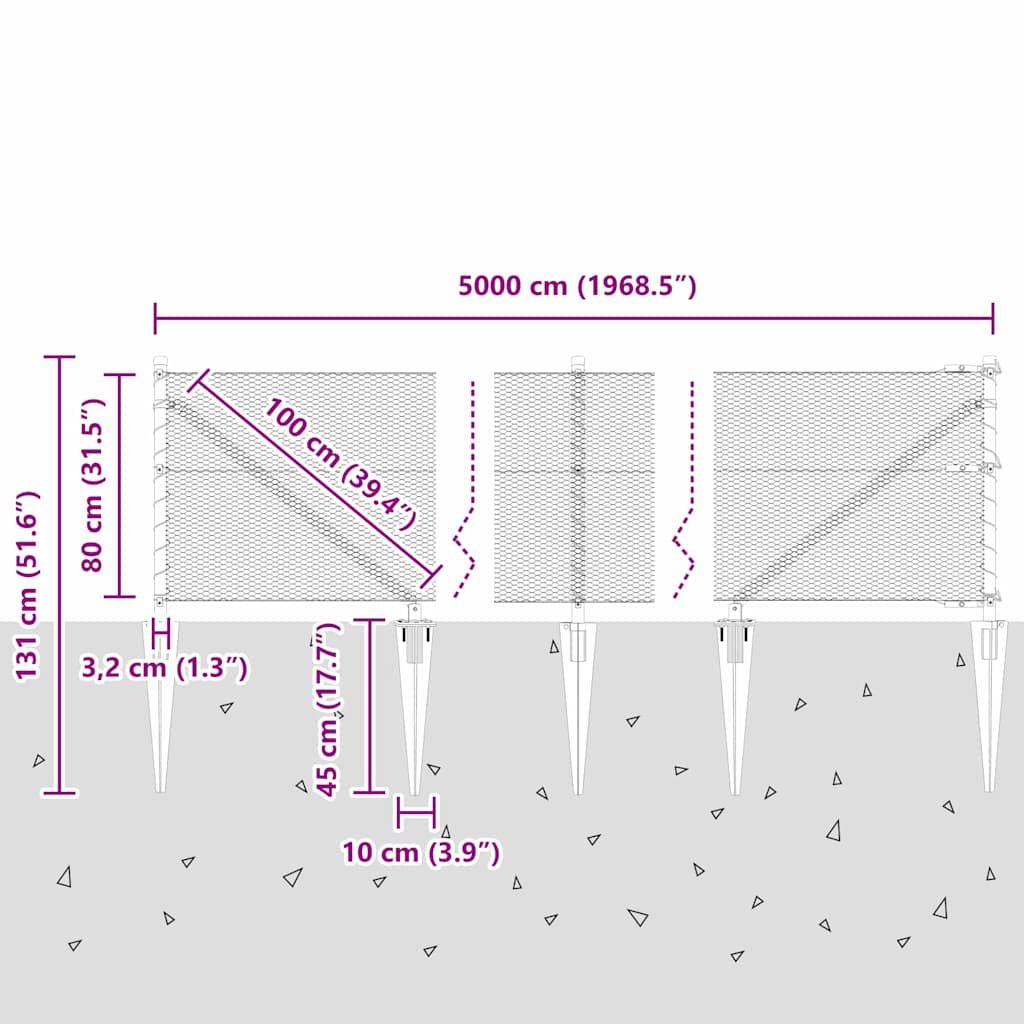 Sekskantet gjerde med post 50 x 0,8 m PVC-belagt stål Grå Mesh