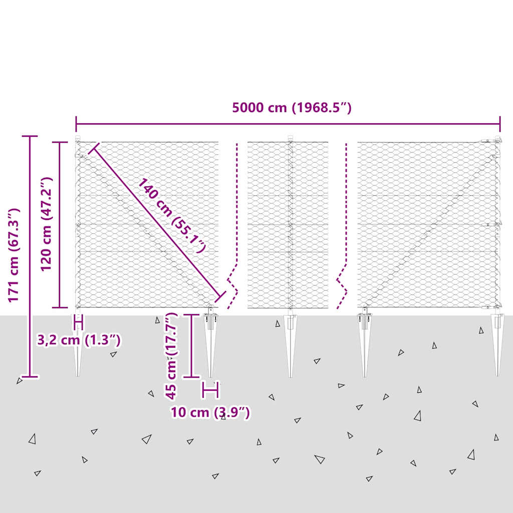 Sekskantet gjerde med post 50 x 1,2 m PVC-belagt stål Grå Mesh