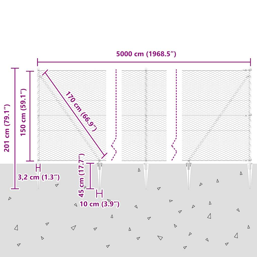 Sekskantet gjerde med post 50 x 1,5 m PVC-belagt stål Grå Mesh