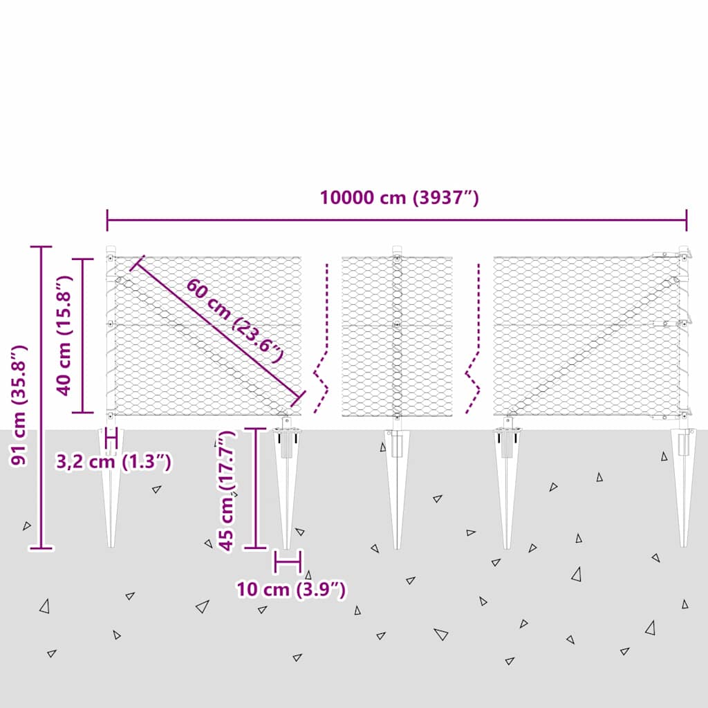 Sekskantet gjerde med post 100 x 0,4 m PVC-belagt stål Grå Mesh