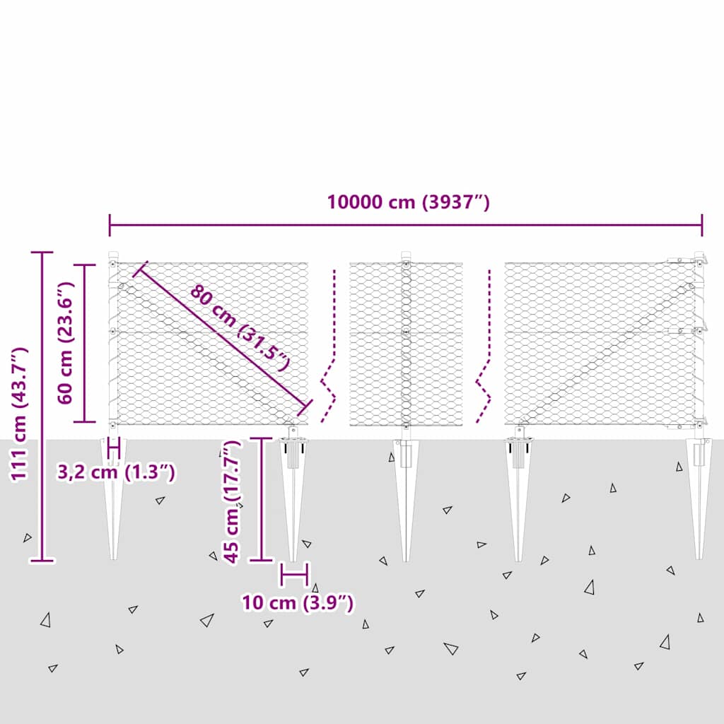 Svweiende trådgjerde med spisser 100 x 0,6 m (B x H)