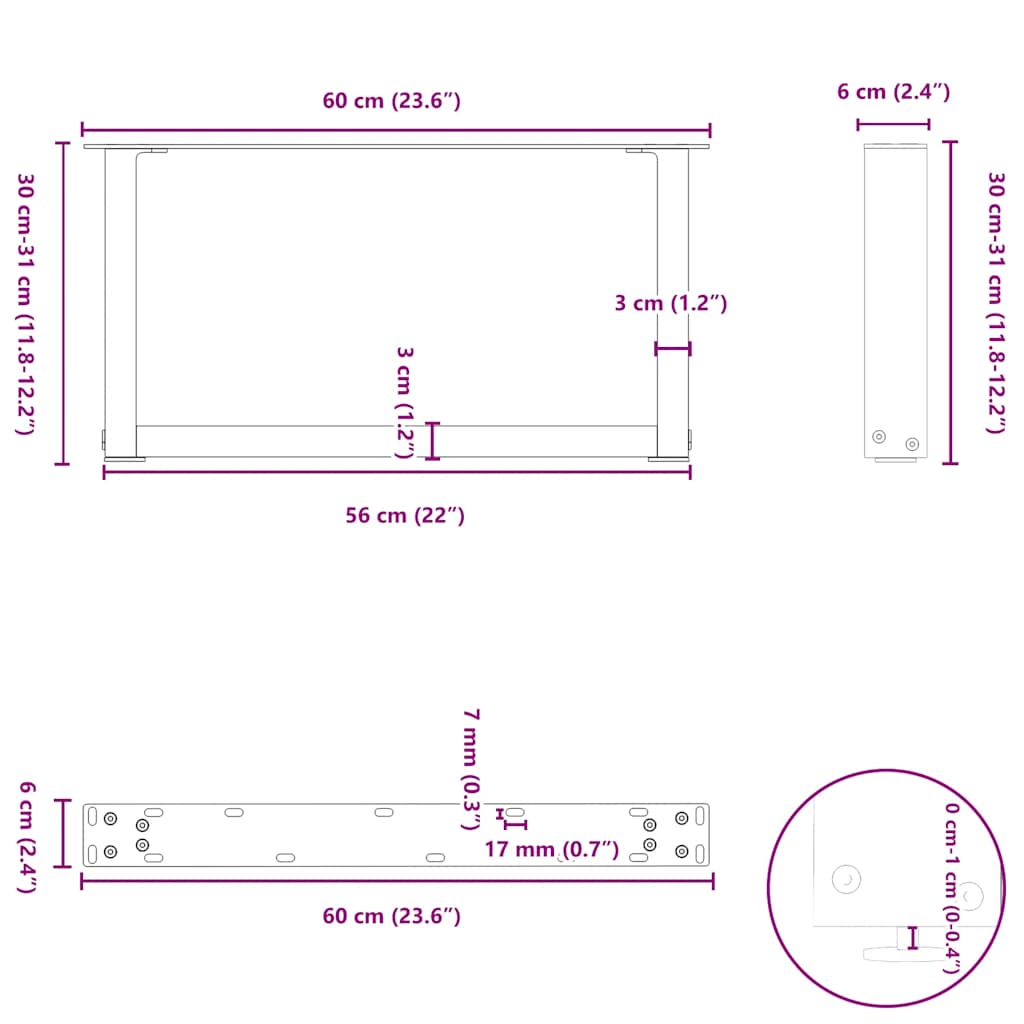 Salongbordben U-formet 2 stk naturstål 60 x (30-31) cm stål