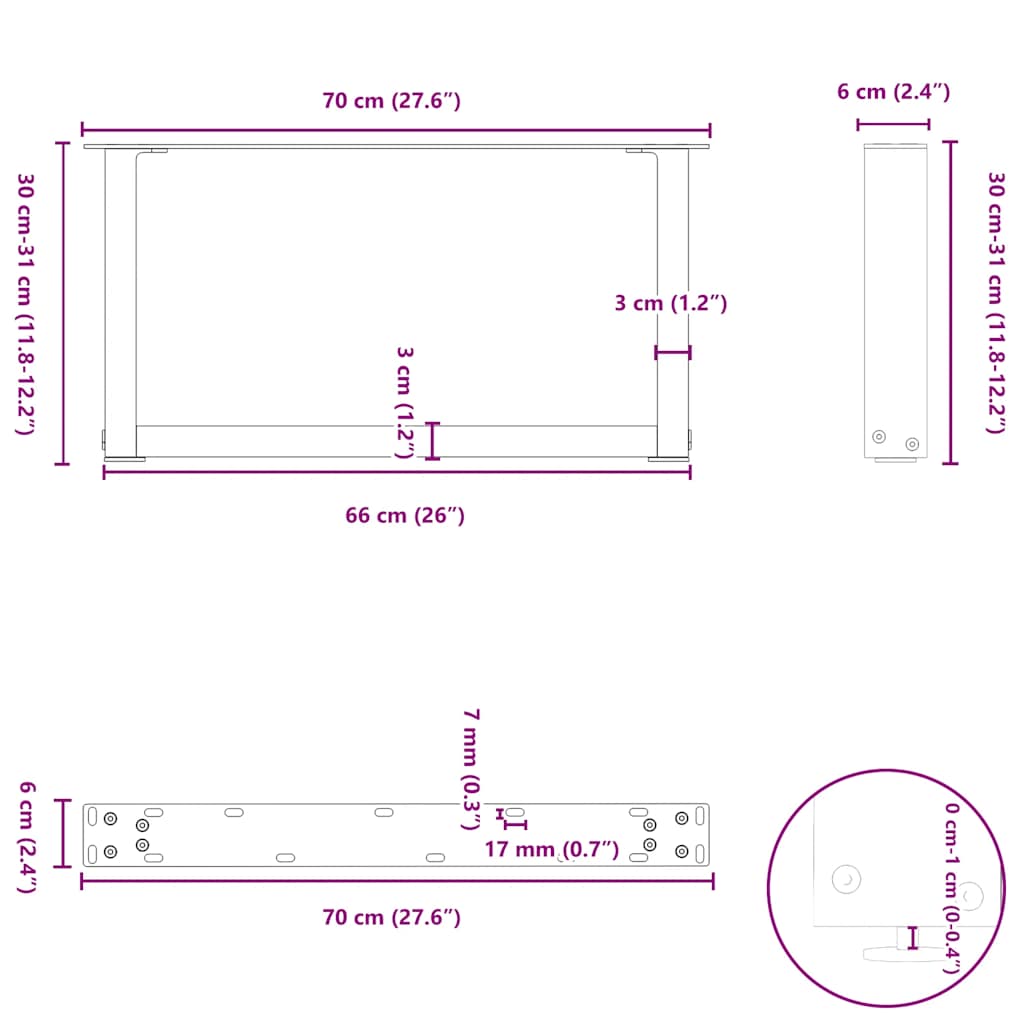 Salongbordben U-formet 2 stk naturstål 70 x (30-31) cm stål