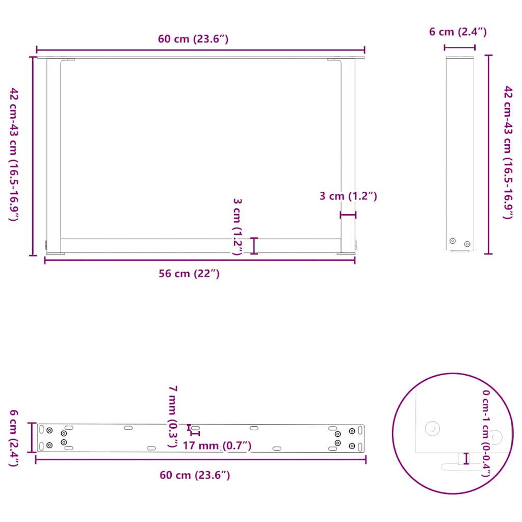 Salongbordben U-formet 2 stk hvit 60 x (42-43) cm stål