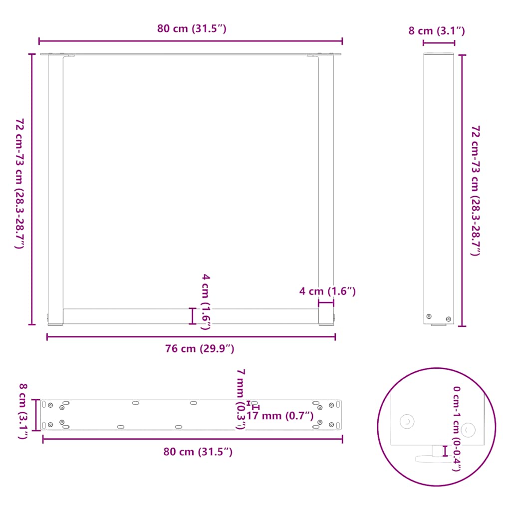 Spisebordben U-formet 2 stk naturstål 80 x (72-73) cm stål